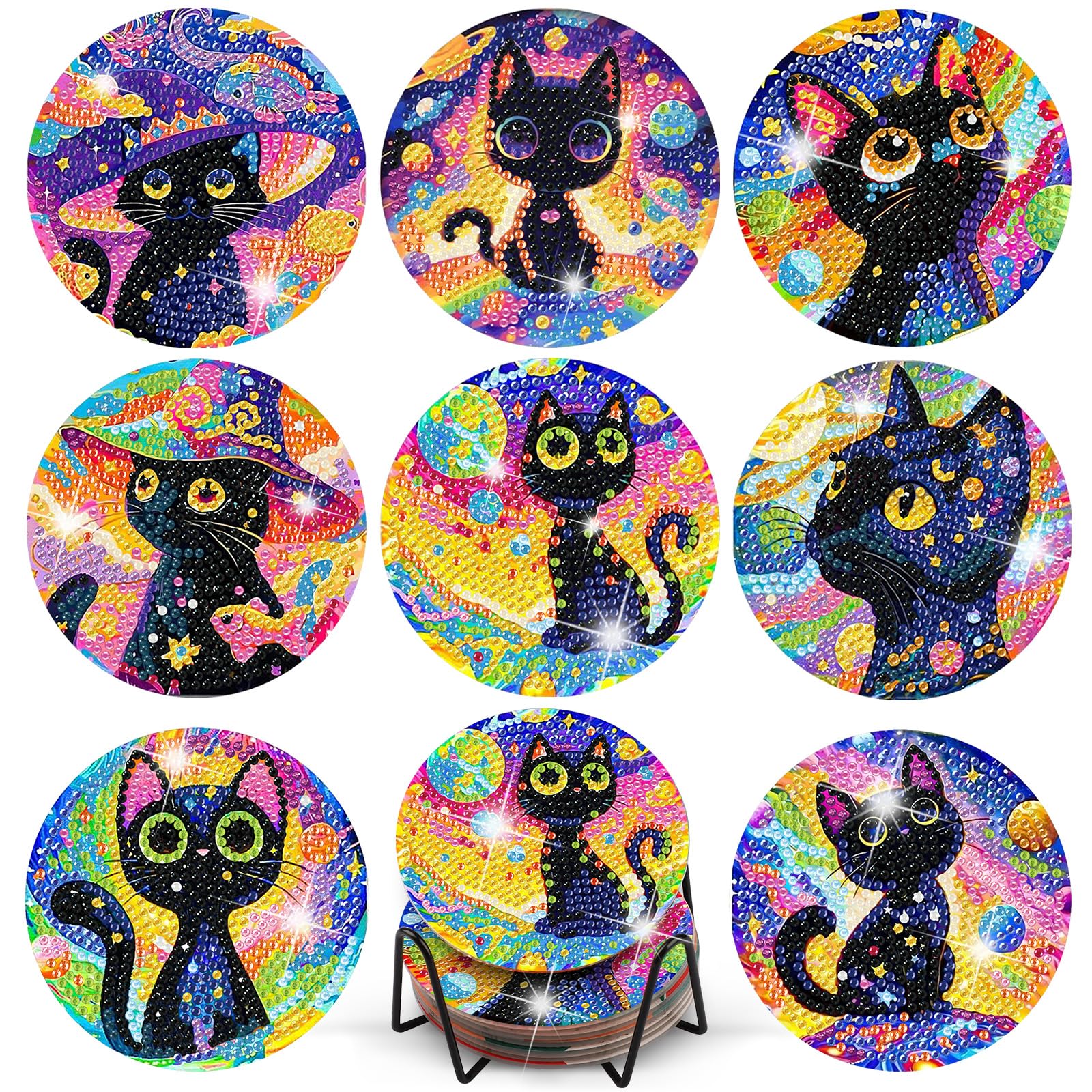 TLIOBLO Cat Diamond Painting Coasters with Holder, DIY Diamond Art Coasters Colorful Cat for Adults, Drink Coasters with Cork Backing for Table Protection Decoration
