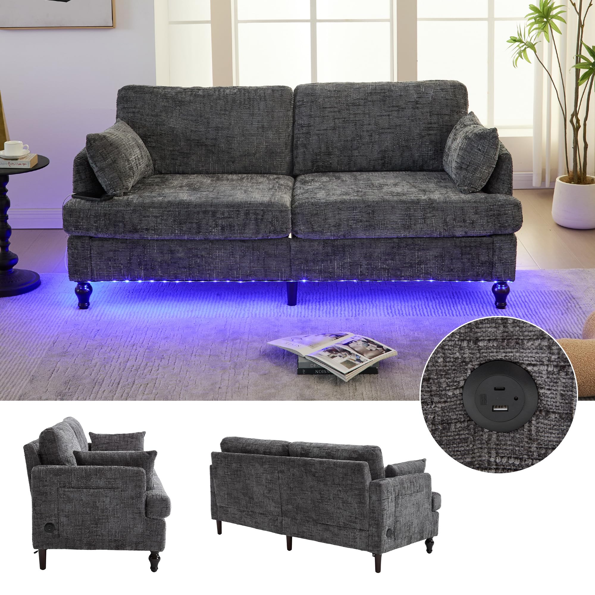 vutizal 2 Sitzer Sofa Couch Loveseat mit USB LED, Chenille Sofa mit Seitentasche Holzbeinen Schaumstoffpolsterung für Schlafzimmer Arbeitszimmer Wohnzimmer, 175x83x78 cm, Grau