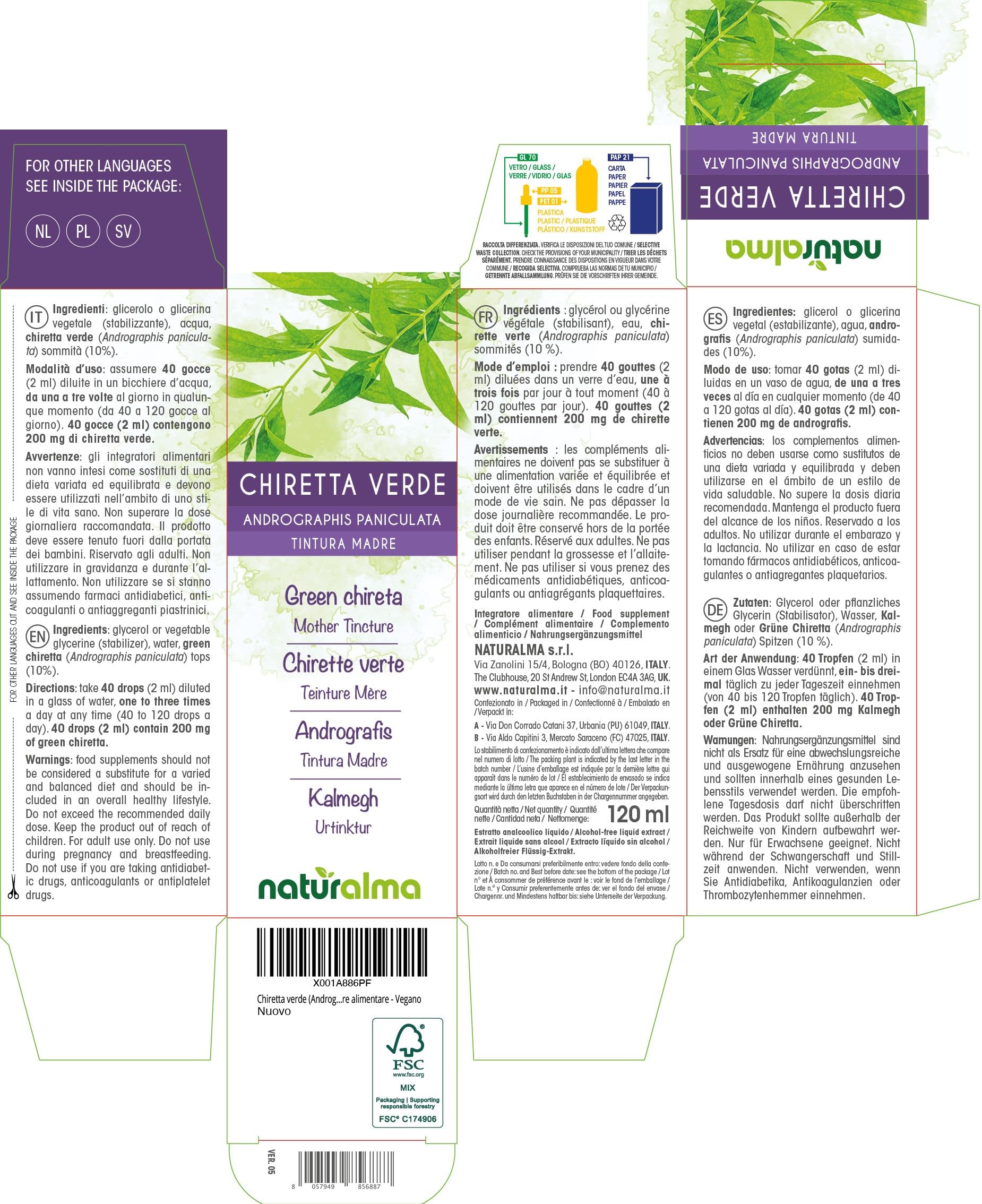 Chiretta verde (Andrographis paniculata) sommità Tintura Madre analcoolica Naturalma - Estratto liquido gocce 120 ml - Integratore alimentare - Vegano