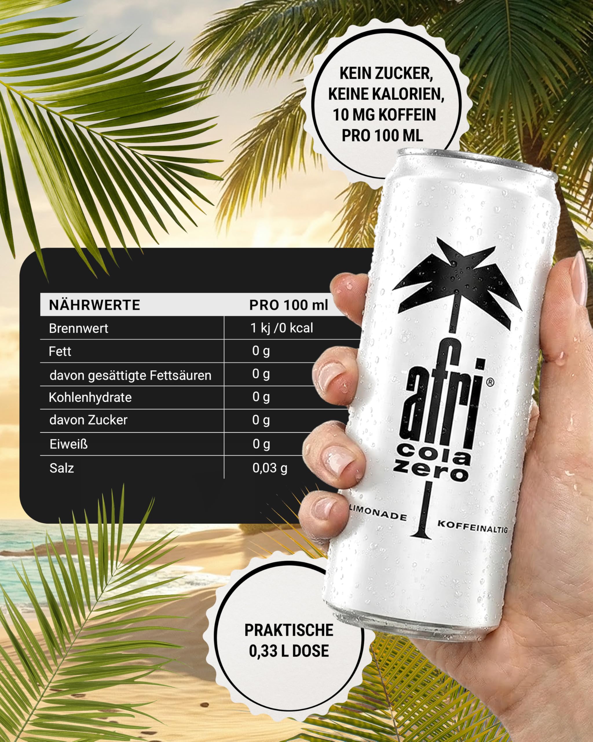 afri cola Zero – Cola-Drink kalorienfrei 24 x 330 ml in der Dose – Kultgetränk ohne Zucker mit vollem afri-Geschmack – Koffeinhaltige Cola-Limonade mit Süßungsmitteln in praktischen Getränkedosen