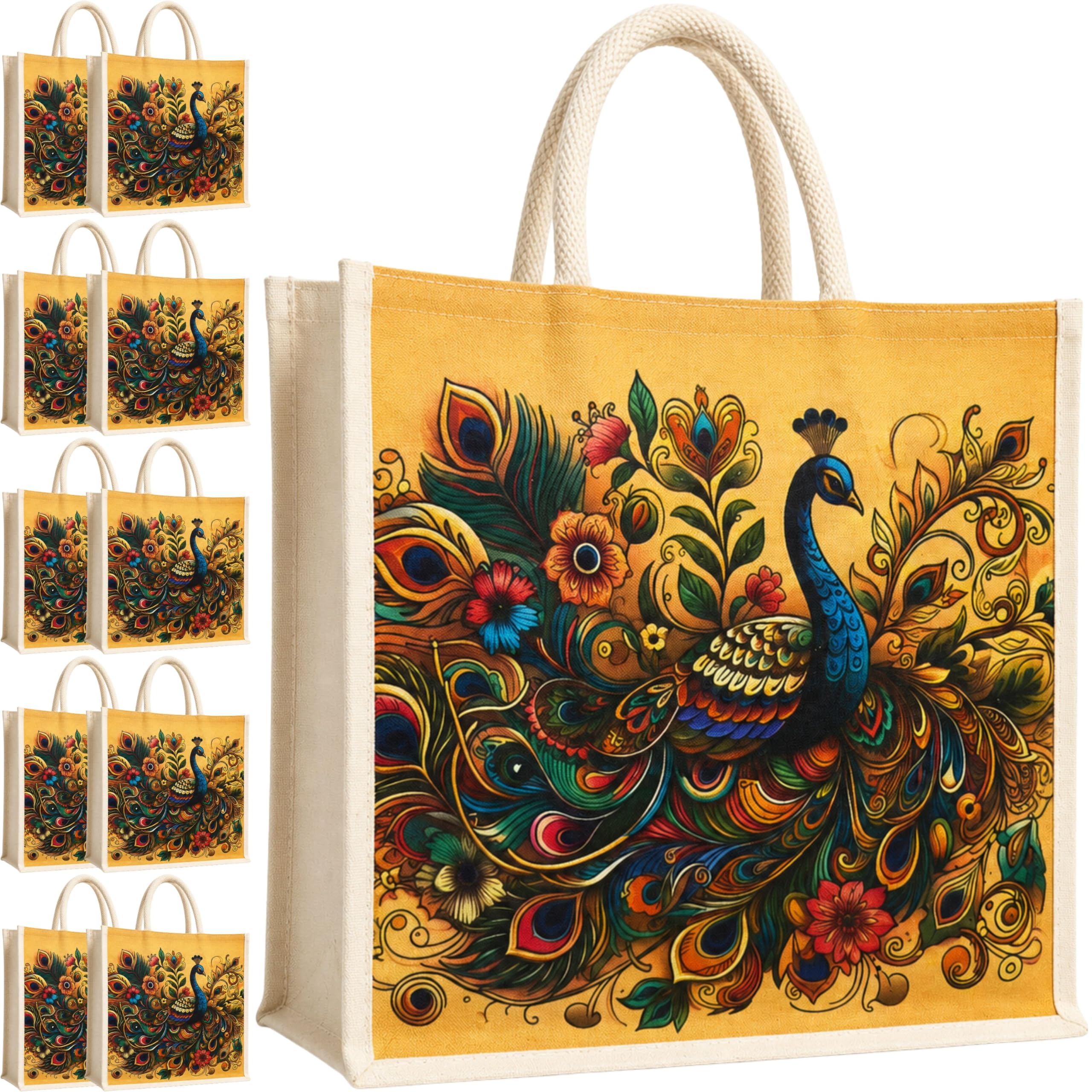 cantainoo Canvas Return Gift Bags for Wedding, Birthday & Festive Functions | Reusable Canvas Tote Bags with Handles(Pack of 10) (Peacock Yellow_zip)