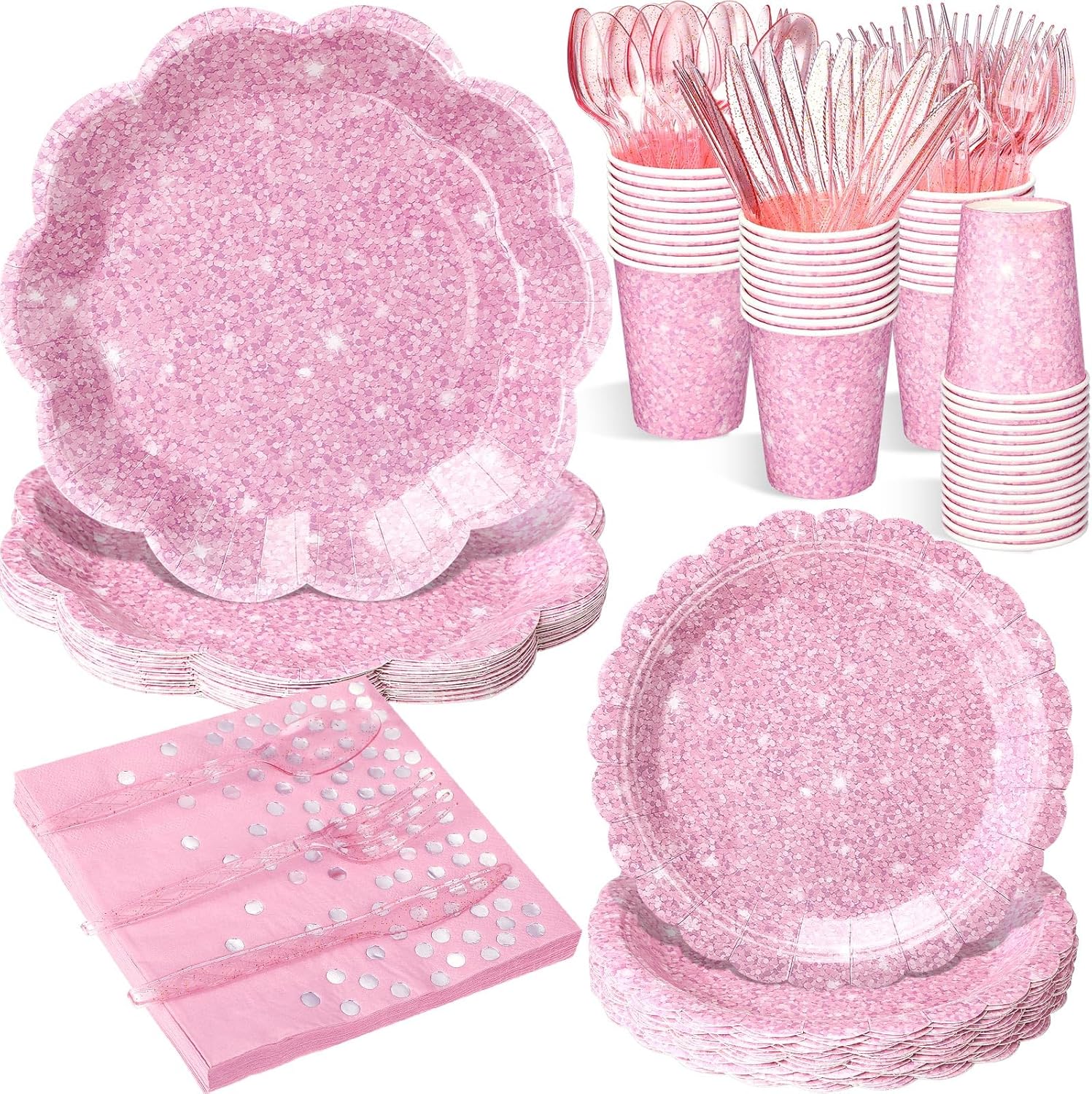 Hushee 175 Pcs Pink Holographic Print Party 25 Guests Disposable Dinnerware Set Include Paper Plates, Napkins, Paper Cups, Plastic Tableware for Birthday Party