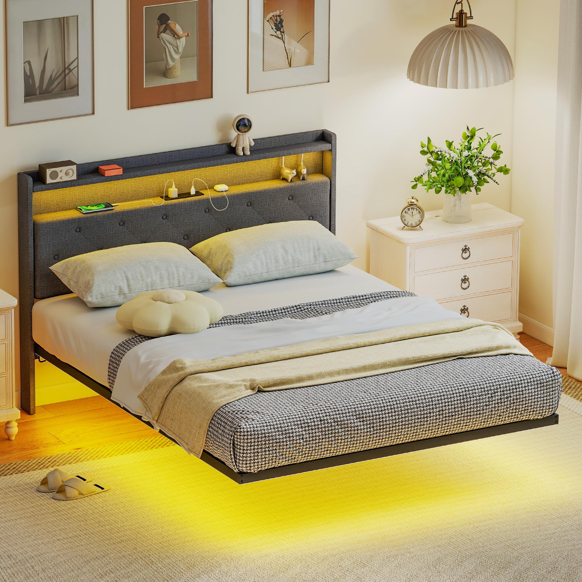 Portland Double Upholstered Floating Bed Frame Grey