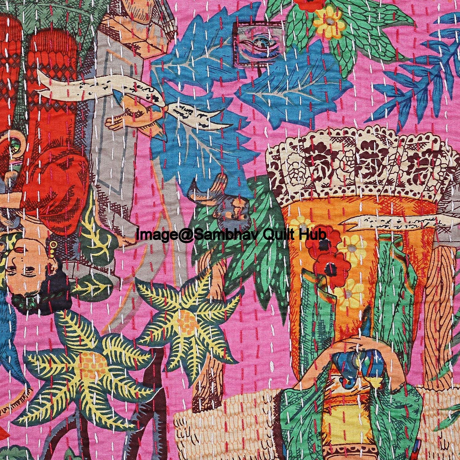 Parure de lit Kantha faite à la main pour très grand lit/lit simple - Motif floral - Style bohème - Rose - 228,6 x 274,3 cm