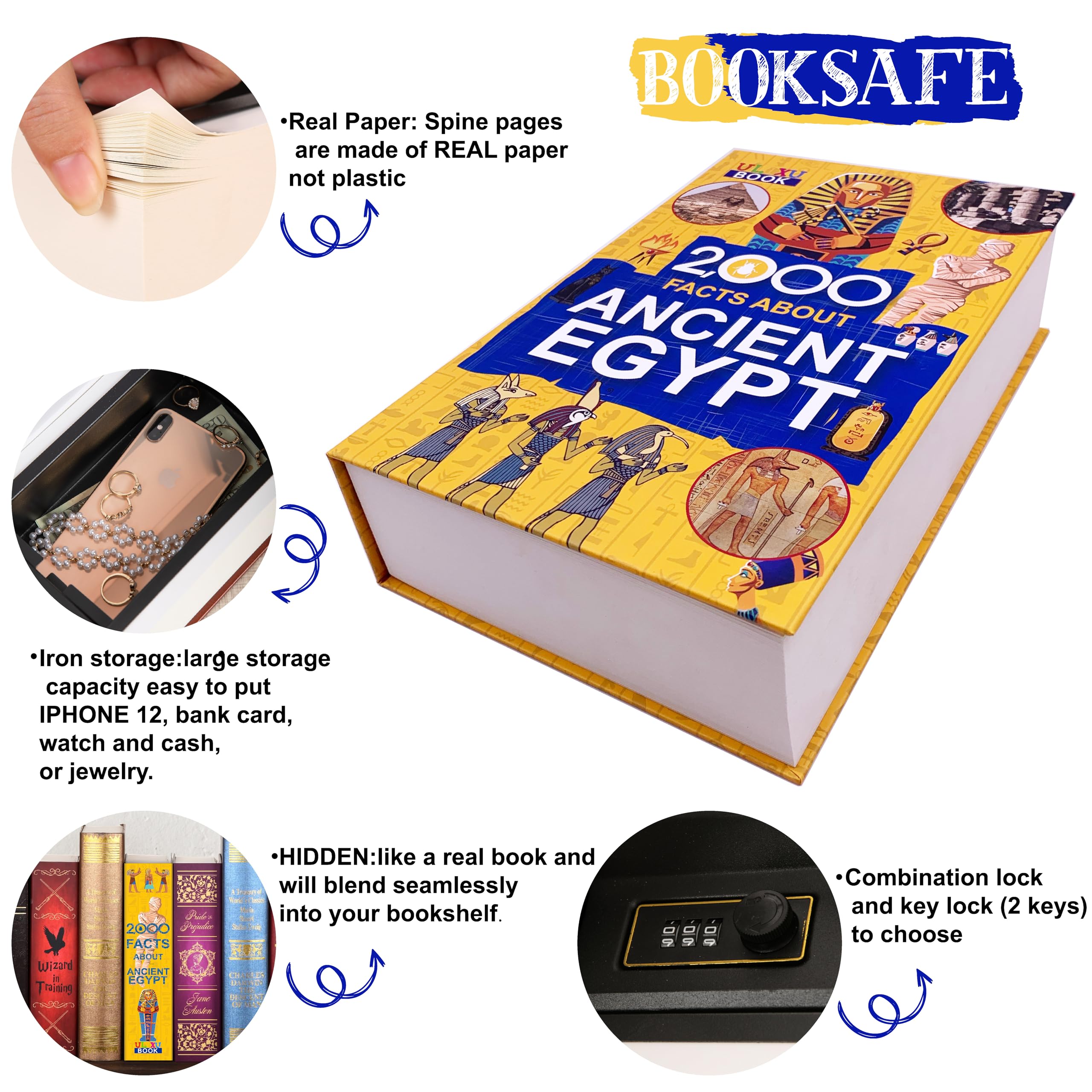 Caja de almacenamiento segura para libros con páginas reales, cerradura de combinación y cerradura de llave, caja fuerte para guardar dinero y artículos personales, 9.3 x 6.1 x 2.3 pulgadas (llave