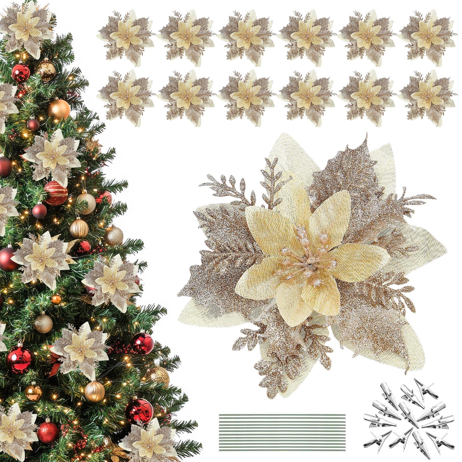 Fleur Sapin De Noel Vitalili Lot De 12 Fleurs De Poinsettia Artificielles Avec Clips Et Tiges à Paillettes Pour Sapin De Noël, Décoration De Fête D'hiver (argenté Lot Guirlande Sapin De Noel