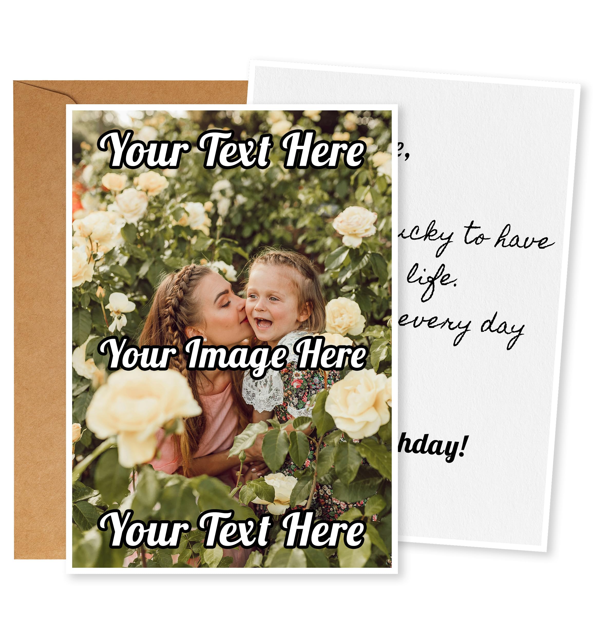 Personalised Greeting Card – Custom A5 or A4 Card with Photo & Text – For Birthday, Thank You, Anniversary, Holiday – Printed on Premium 350gsm Textured Paper – Brown Envelope Included