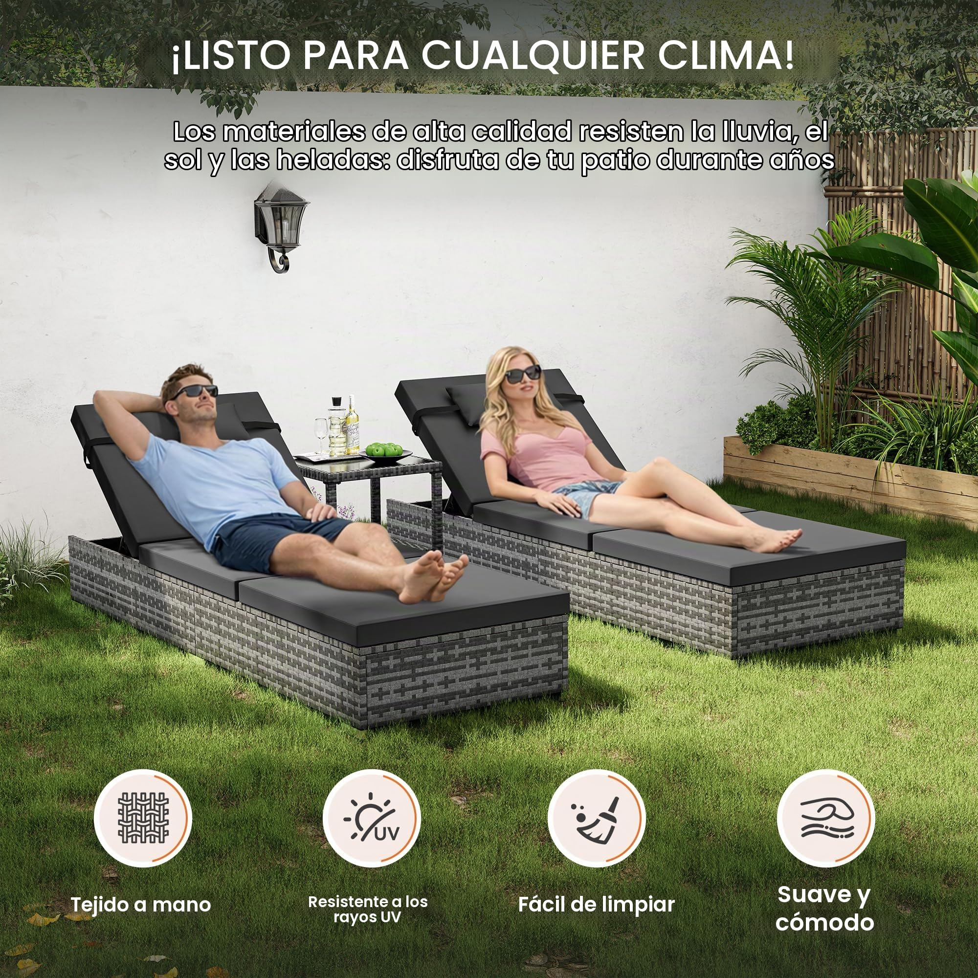 UDPATIO Set de 2 Tumbonas de Ratán, Respaldo 5 Posiciones + Mesa Jardín, Poliratán Tumbonas Jardin Exterior Impermeables, para Jardín, Exterior y Patio, Ratán Gris y Cojín Gris