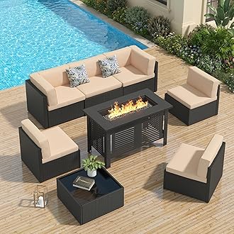 U-MAX 7 Piece Outdoor Patio Furniture Set with 43 Inch Fire Pit Table, PE Rattan Wicker Sofa Set, Outdoor Sectional Furniture Chair Set with Cushions and Tea Table, Black Rattan&Beige Cushion