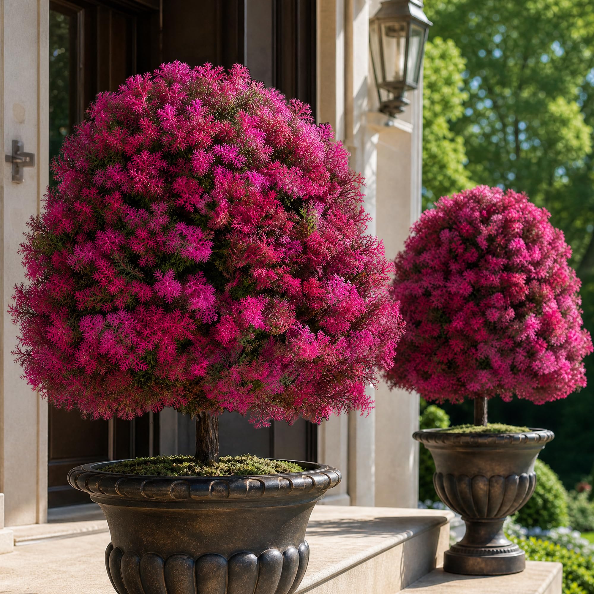 Photo 1 of BLOSMON Artificial Cedar Topiary Trees with Stake, Set of 2, Hot Pink, 29"