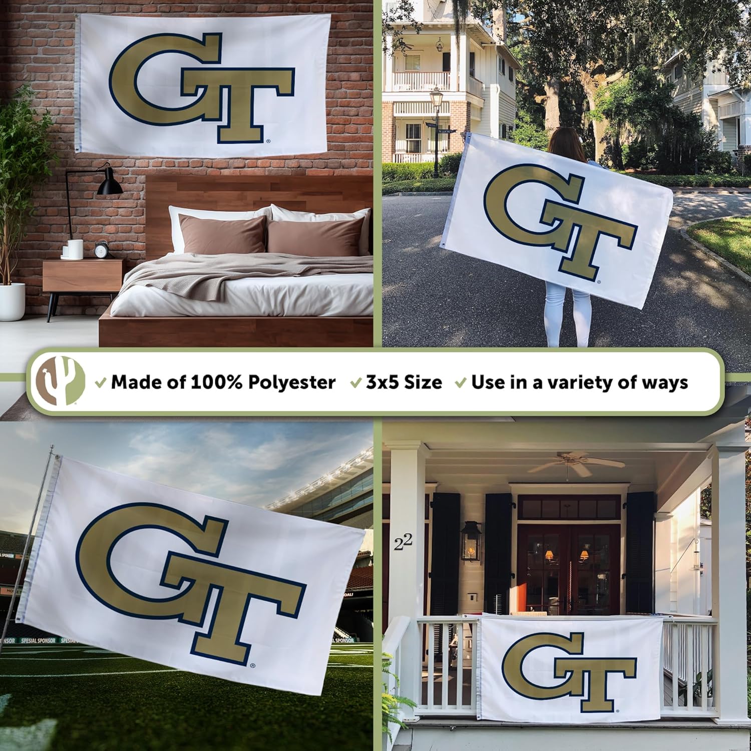 Desert Cactus Georgia Tech GT Flag - 3 x 5 Feet Yellow Jackets Banner, Indoor/Outdoor Durable Fabric, 100% Polyester Design (Style W) - Image 3