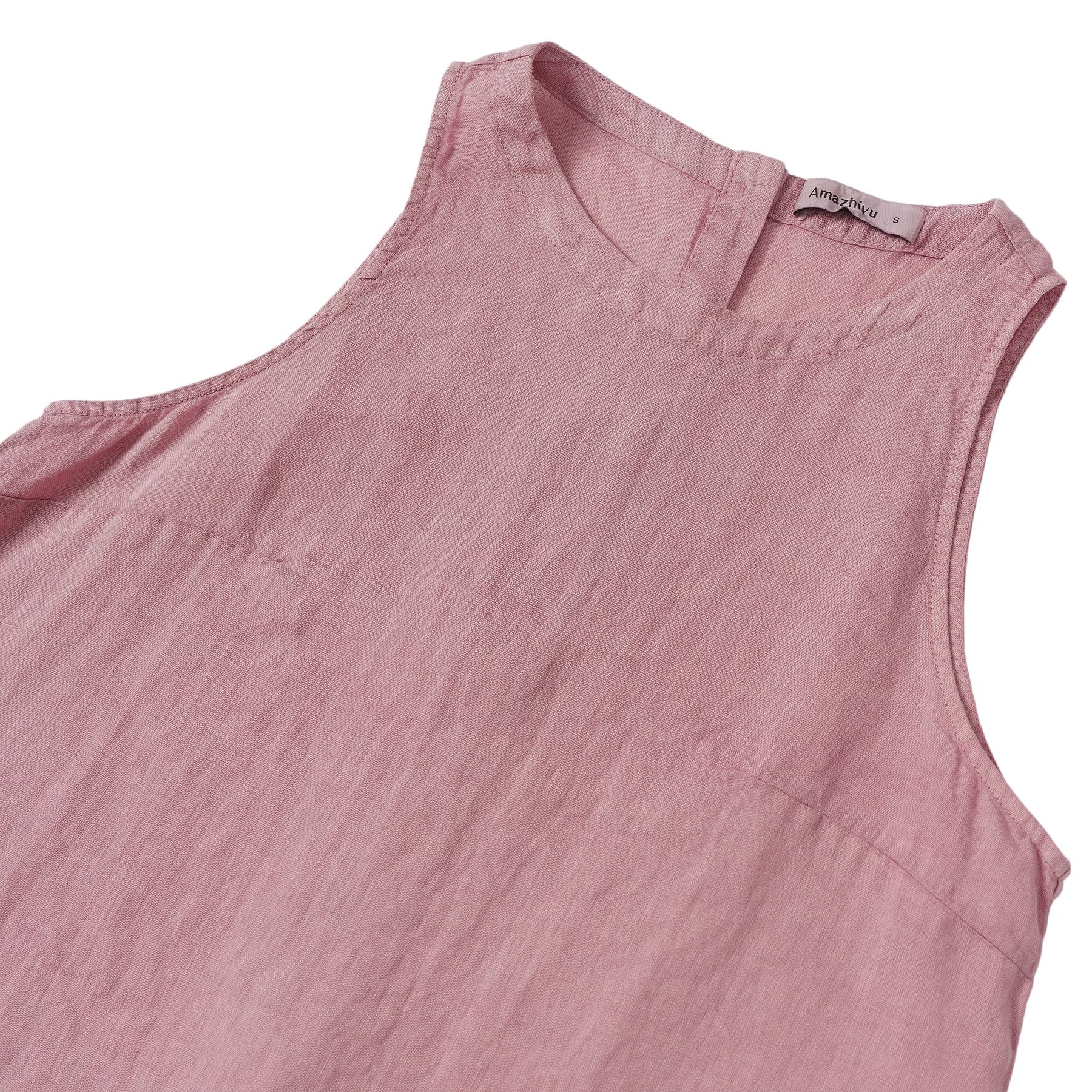 Amazhiyu Tank Top Damen Leinen Sommer Oberteile Kurz Rundhals Bluse T-Shirt