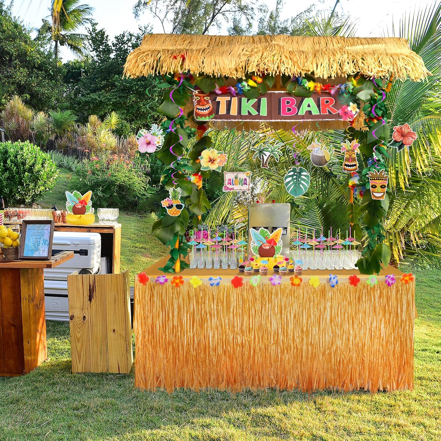 Auihiay Abundant Tiki Bar Hut Kit, Portable Outdoor Tiki Bar Decor with Hawaiian Leis, hanging swirl decoration, Roof, Banner, Luau Party Supplies for Tropical Themed Pool Beach Hawaiian Parties
