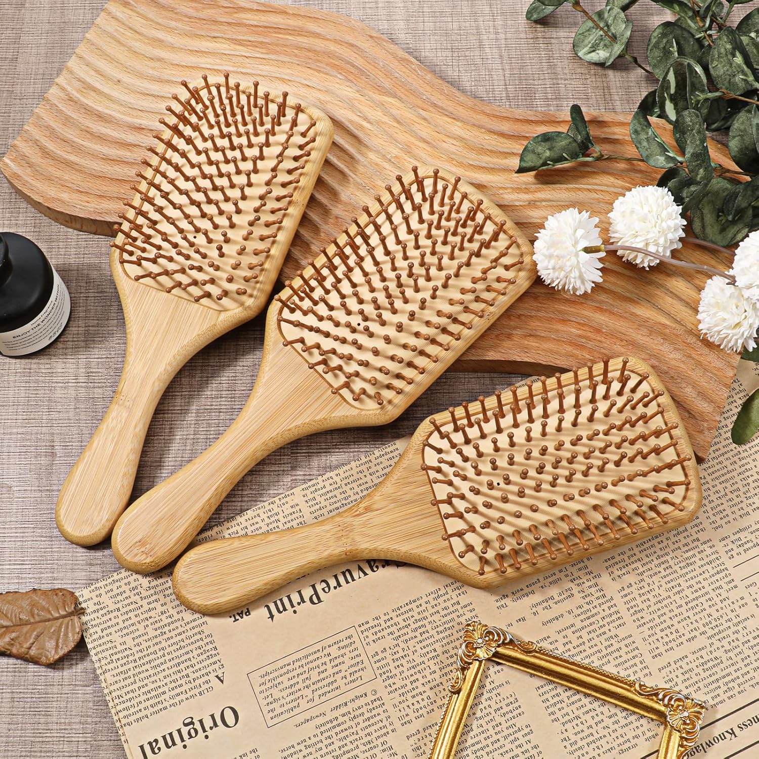 10 Pcs Bamboo Hair Brush Bulk, Hair Brushes Reduce Static Electricity Detangle Hairs Brushes for Women Wood Hairs Brushs Anti Tangle Paddle Brush for Women Men and Children