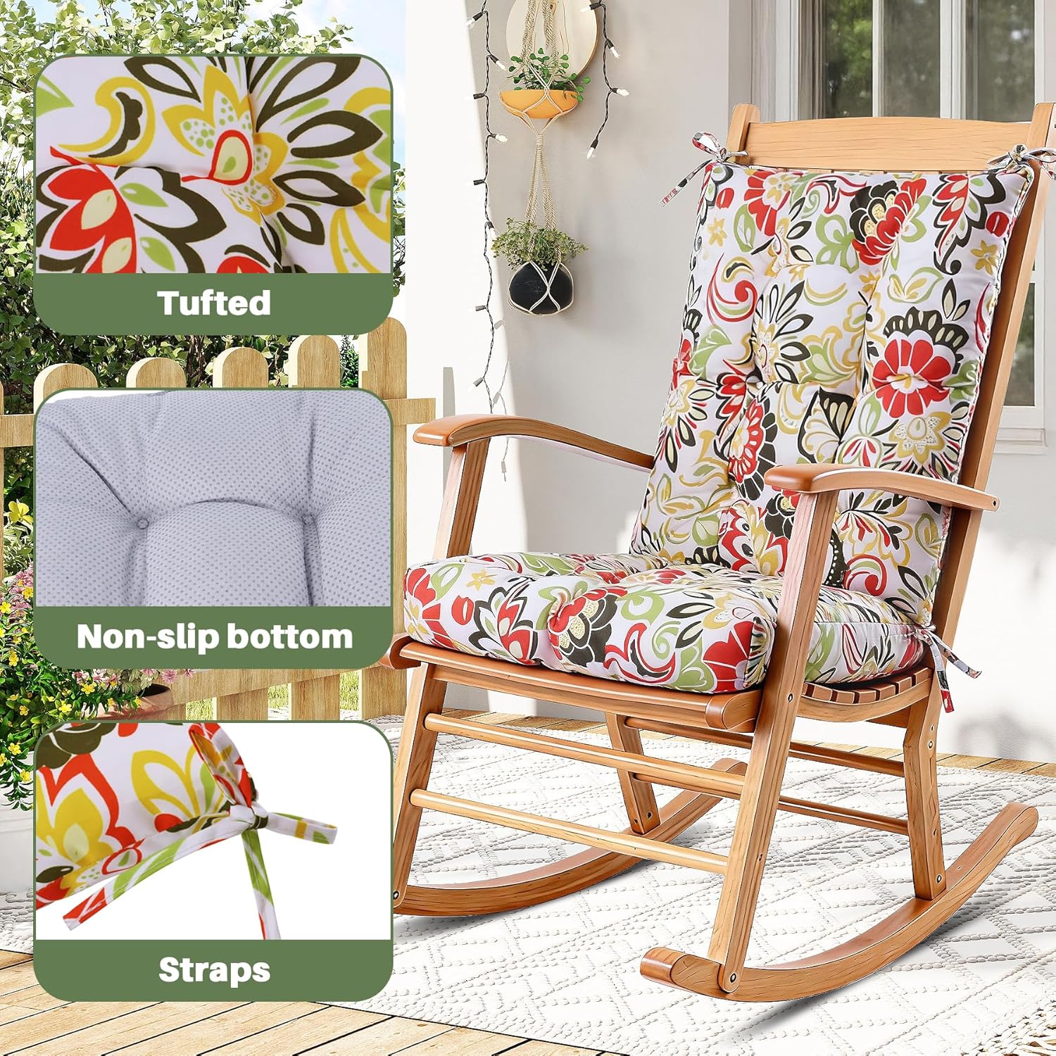 Tropical Rainforest Style Rocking Chair Cushion Set Waterproof Tufted with Ties Non-Slip High Back Chair Pads for Garden Patio Wooden Rockers
