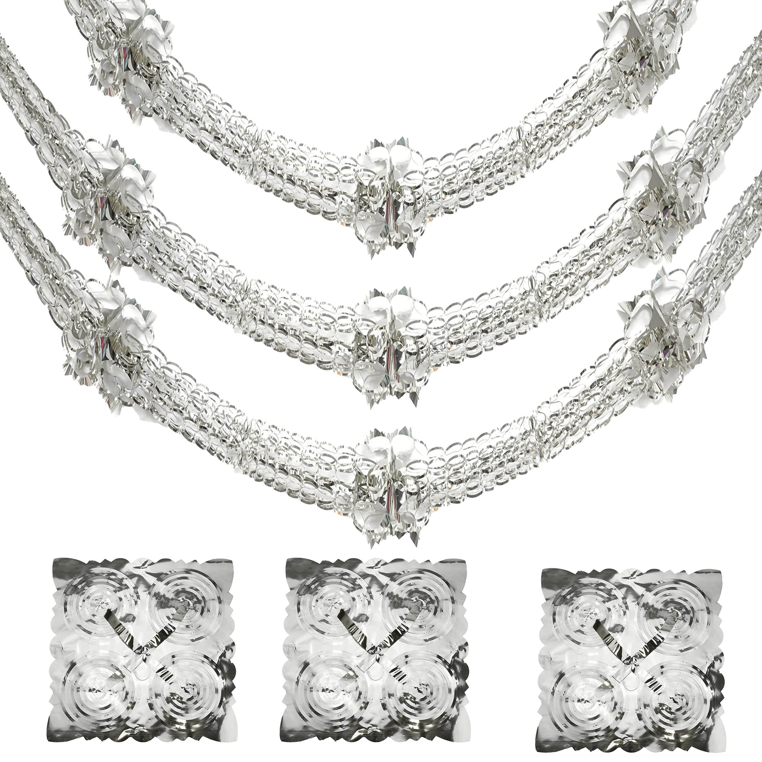 HOVUK 3Pcs Christmas Ceiling Decorations, 2.7M Foil Garlands Wall Hanging Decorations for Xmas New Year Party Supplies (Silver)