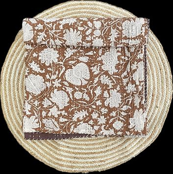 Hippie Floral Handblock Handmade Cotton Block Kantha Quilting Vintage Throw Blanket Hippie Queen/King Size Bohemian Bed Decor Quilt Dark Brown, 60X90 inch