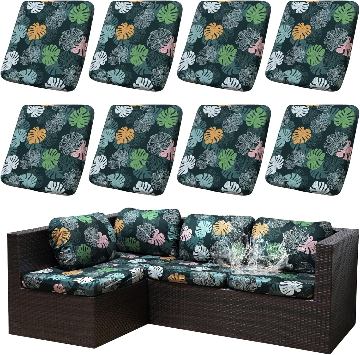 Outdoor Cushion Covers Set,8PCS Patio Furniture Couch Seat Slipcovers, Replacement for Sofa Sectional Chair(Cover，Only)