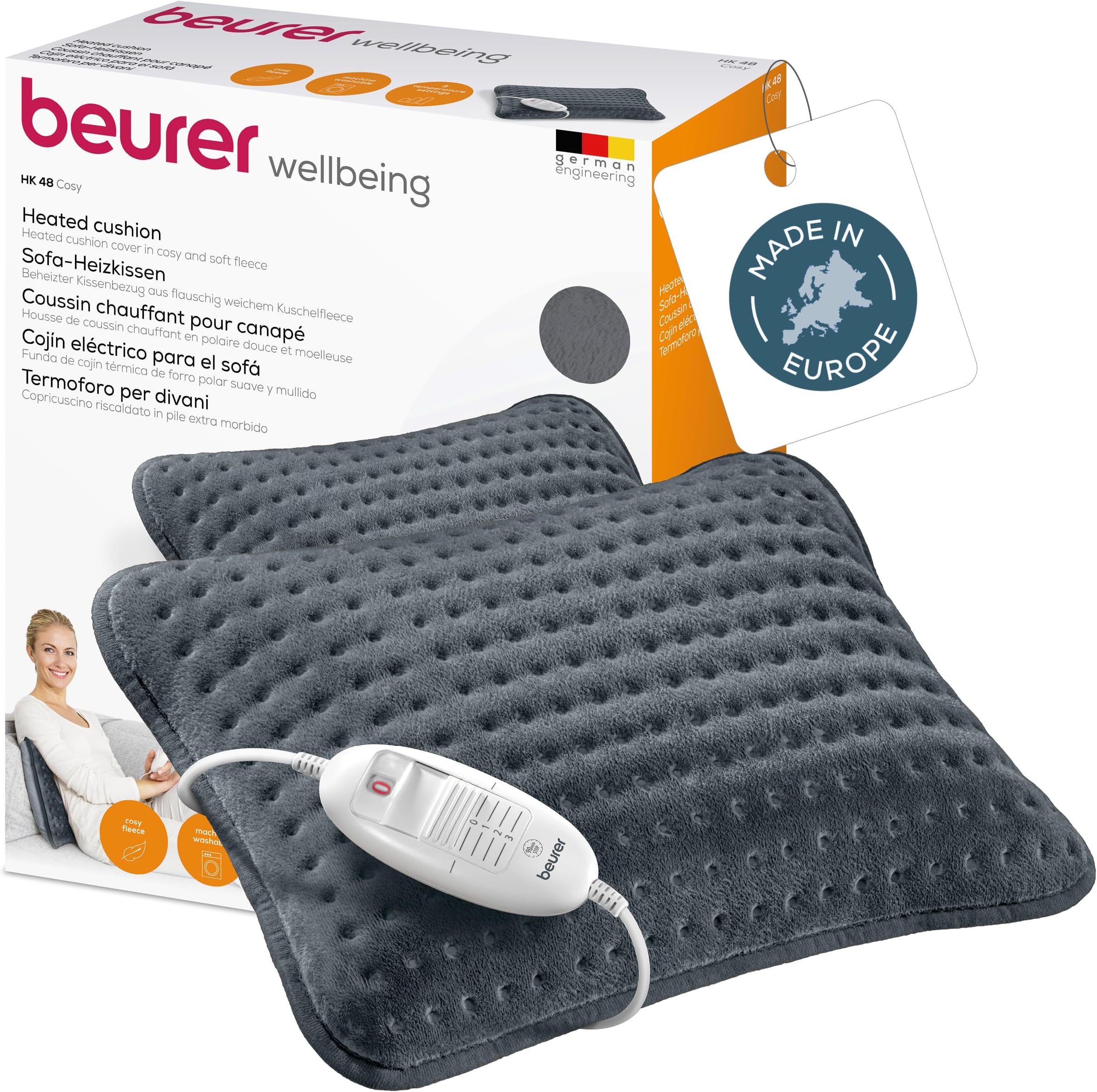 Beurer HK 48 Cosy Sofa Heating Pad with Rapid Heating, 3 Illuminated Temperature Settings and Automatic Shut-Off, Extra Soft Reversible Cushion, 40x30 cm (Pack of 1)