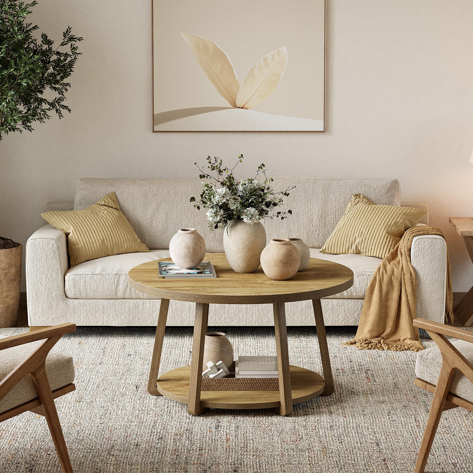 Tribesigns 80 cm Mesa de Centro Redonda con Espacio de Almacenamiento, Mesa de salón de Dos Niveles con Patas de Madera, fácil de Montar, para salón, Espacios pequeños, hogar - Roble