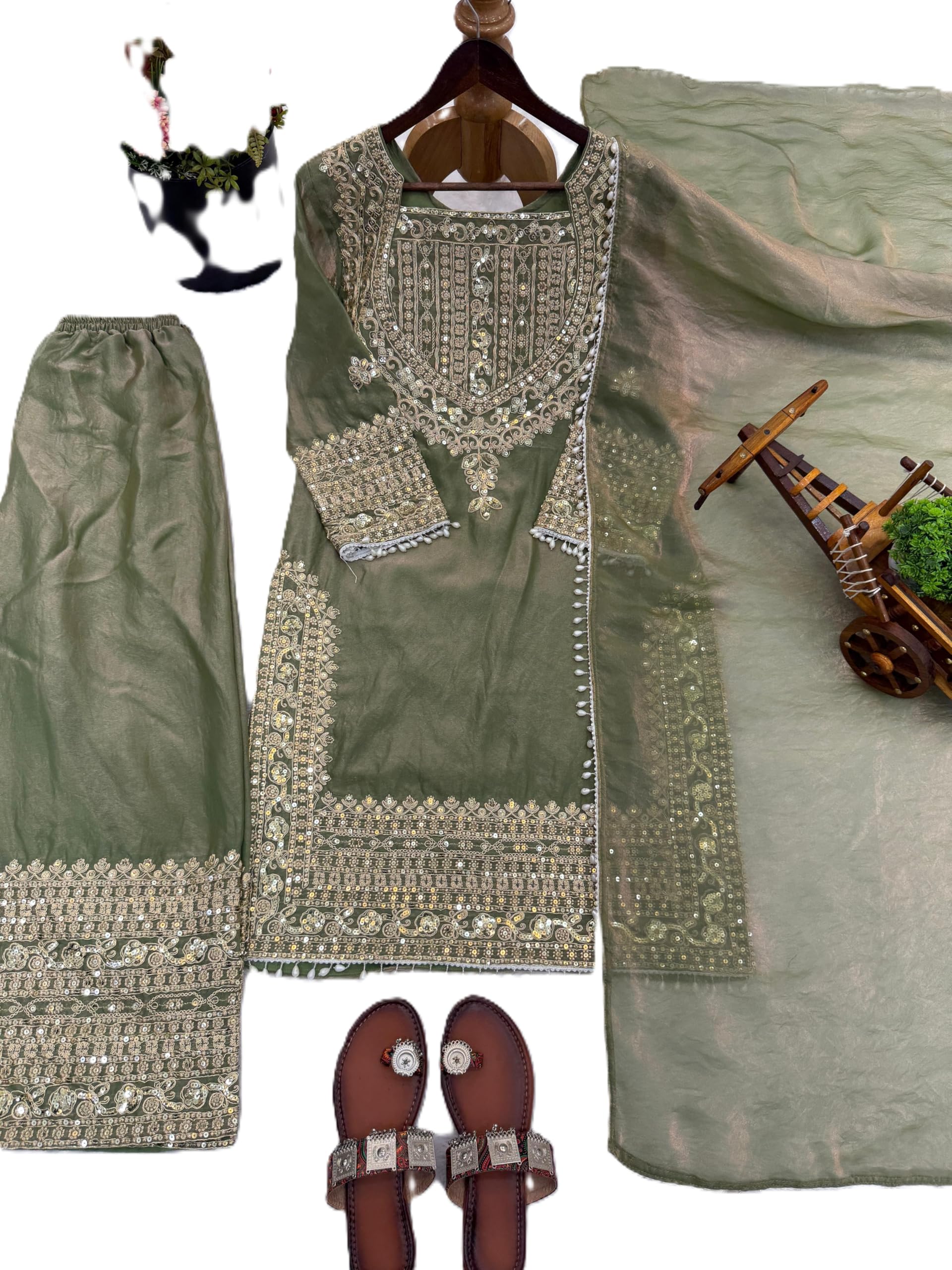 Women’s Fendy Silk Embroidered Kurta Sharara Set with Dupatta | Fully Stitched Ready to Wear Ethnic Wear | Lace Border Sharara Suit for Festive & Party Wear (UK, Alpha, XXL, Regular, Regular, Green)