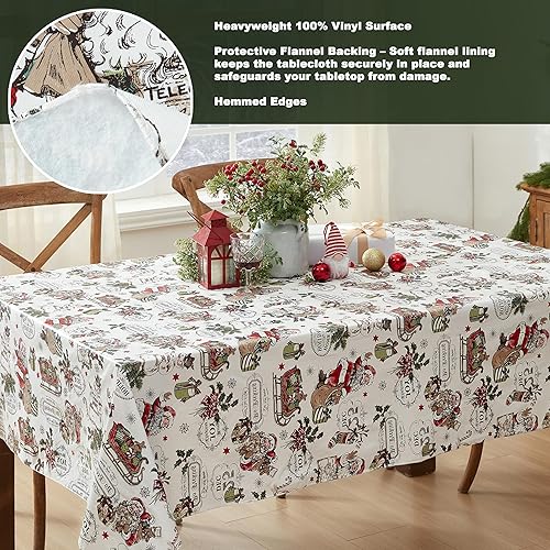 Miniatura 4 de Newbridge Mantel rectangular de vinilo vintage de Navidad de 60 x 120 pulgadas con reverso de franela, estampado retro de Papá Noel, muñeco de nieve