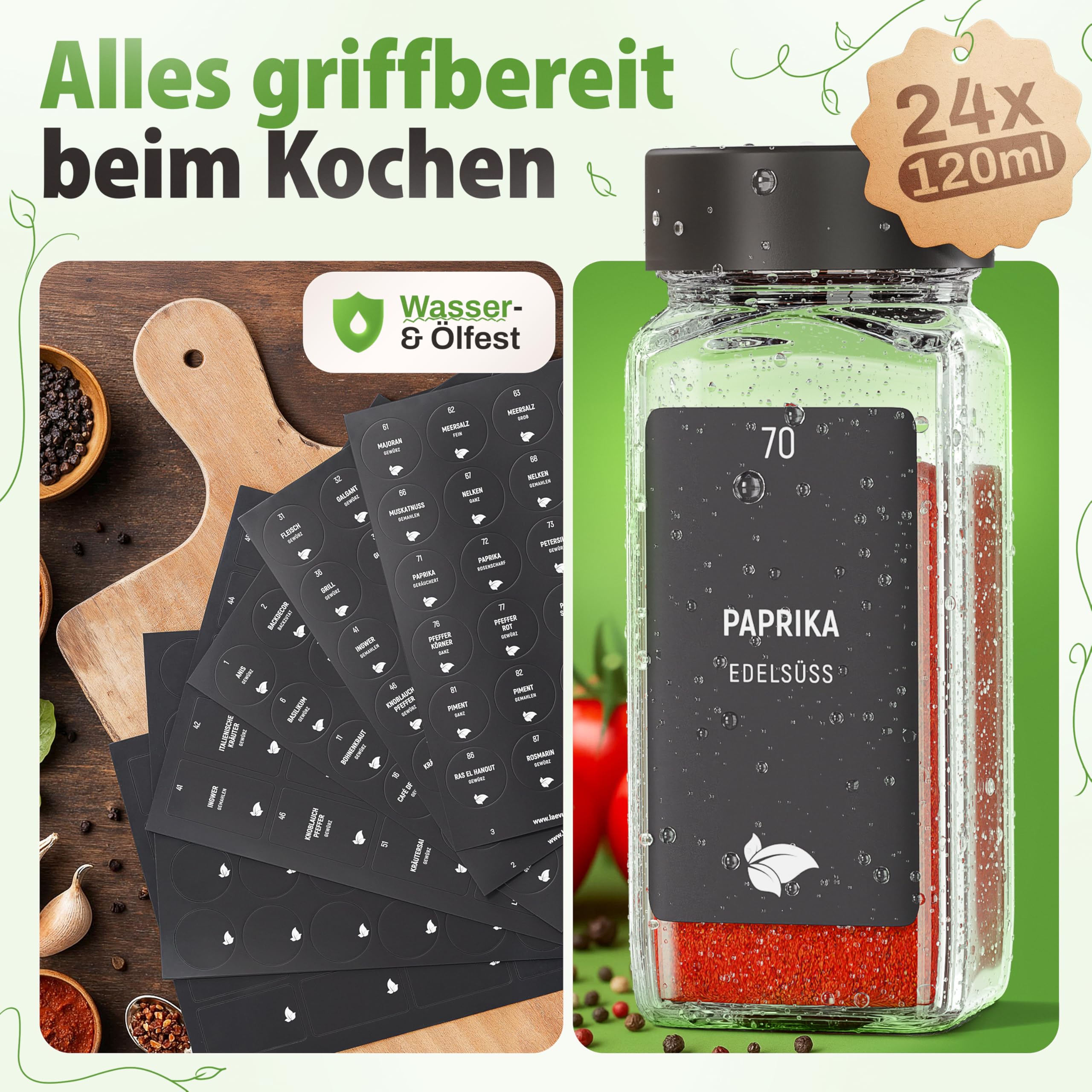 LAEVU Gewürzregal Schublade mit Gläsern | Gewürz Organizer Schublade inkl. 24 Gewürzgläsern Eckig mit schwarzem Deckel | Etiketten für Gewürze & mehr | Ausziehbarer Gewürzeinsatz für deine Schublade