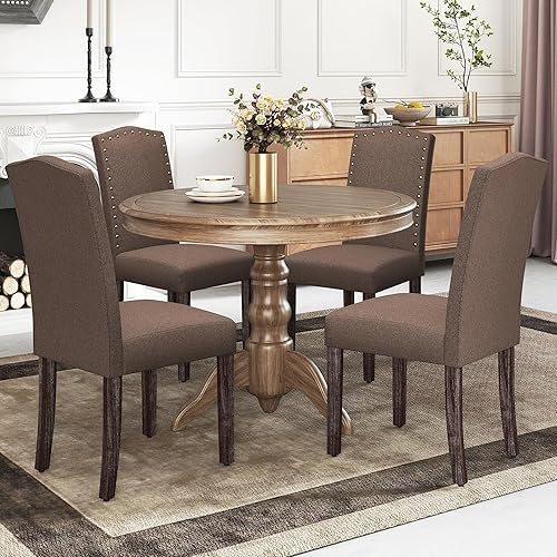 Miniatura 11 de LSSBOUGHT Juego de 2 sillas de comedor de poliuretano tapizadas Parsons con clavos de cobre y patas de madera maciza para comedor, restaurante