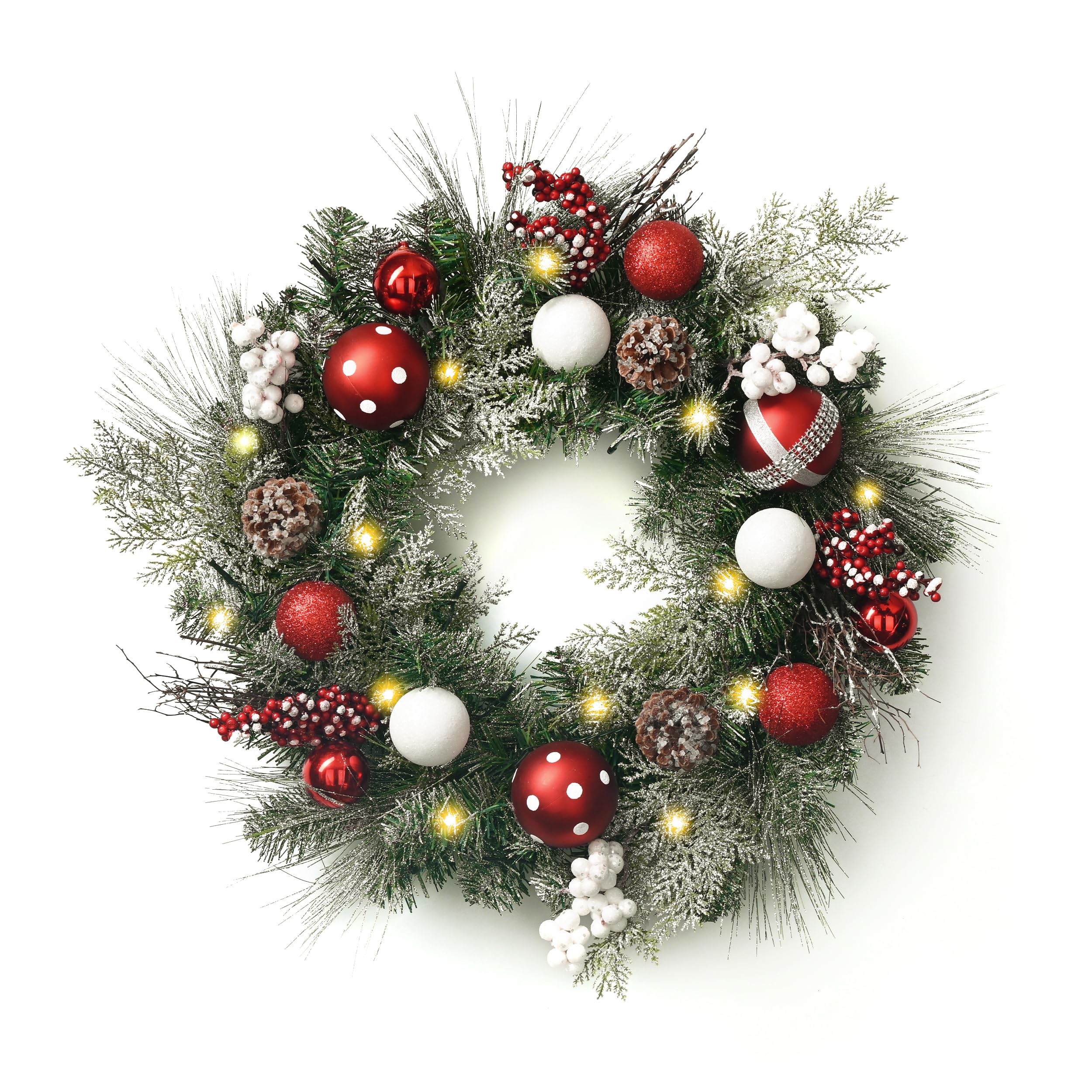 Valery Madelyn Pre-Lit Christmas Wreath for Front Door with Lights, 24 Inch Large Lighted Christmas Wreath with Red White Xmas Balls Berries for Fireplace Window Outdoor Table Centerpiece Decoration