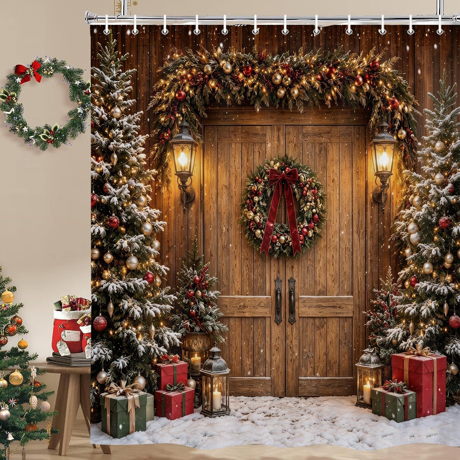 Farmhouse Christmas Shower Curtain, Winter Xmas Rustic 72x72 Inch