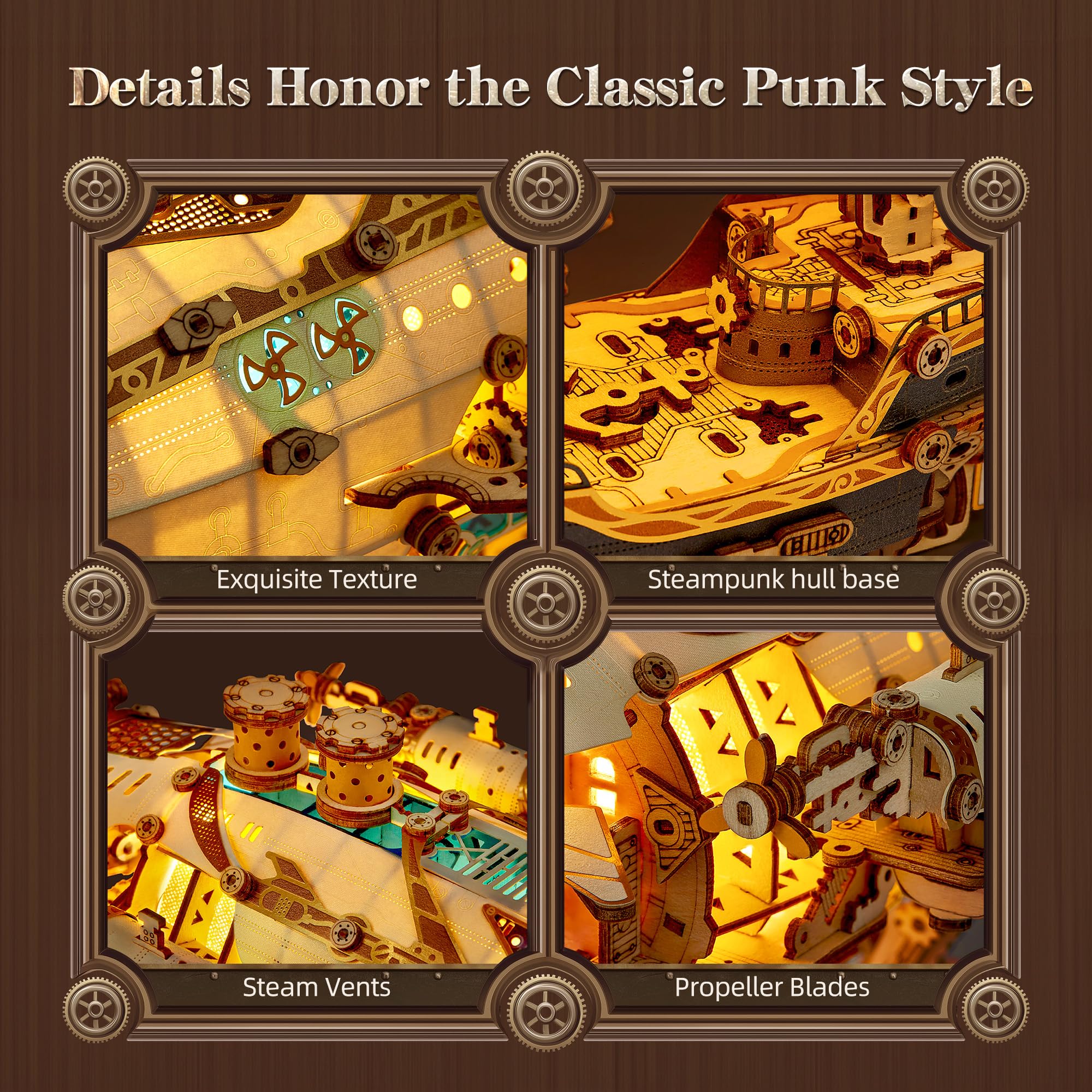 FUNPOLA LED 3D Wood Puzzle Fantasy Airship Model, Steampunk DIY Craft Kit with LED Lights - Image 3