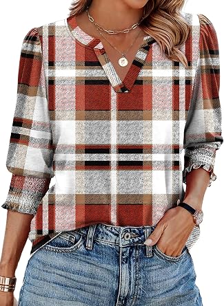 XIEERDUO Blouses for Women Dressy Casual 3/4 Length Sleeve Womens Tops V Neck T Shirts with Smocked Cuffs