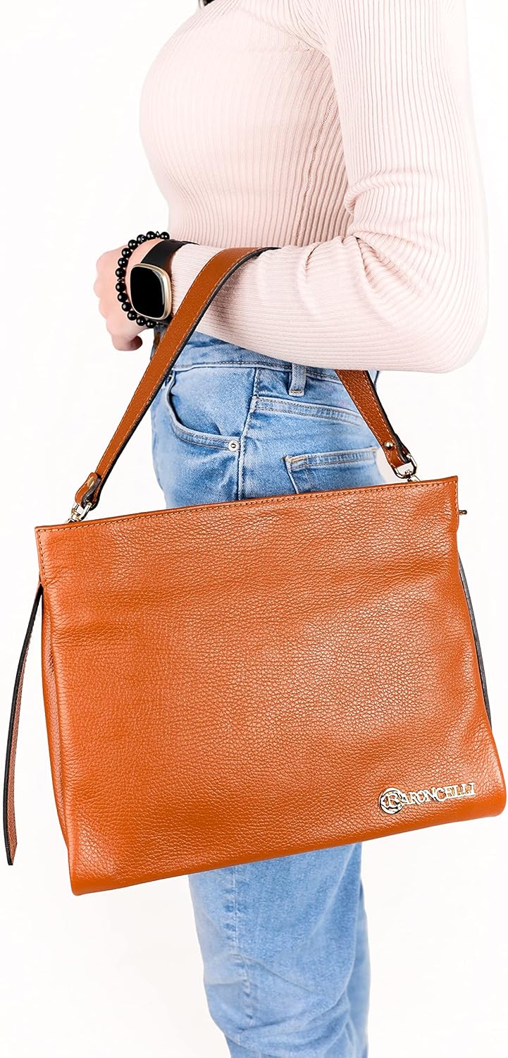 Baroncelli Italian Leather Tote Bag for Women - Pebbled Genuine Leather Medium Handbag with Zipper - Made in Italy
