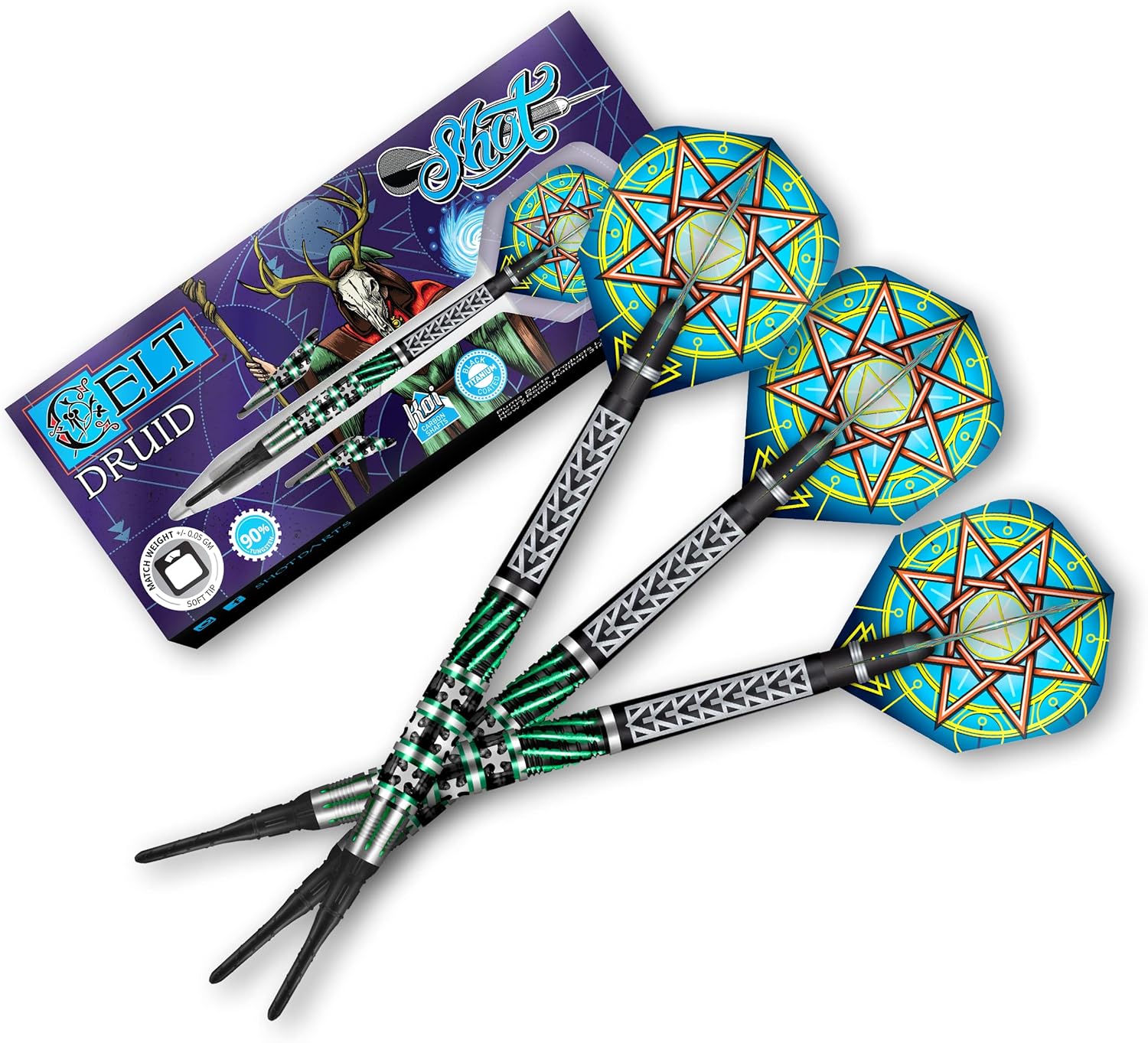 Shot! Darts Celt Druid 90% Tungsten Pro Throwing Darts Soft Tip Set, Professional – Made in New Zealand – Designed Dart Flights for Women & Men – Plastic Tip Bar Darts for Adults : Sports & Outdoors