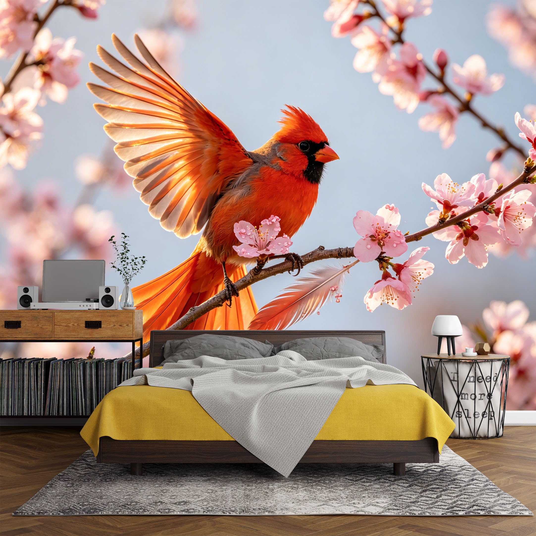 Custom Size Wall Mural Botanical Northern Cardinal Bird Pink Cherry Blossom Branch，SelfAdhesive Art Prints wall FabricRemovable Wallpaper Living Room Decor