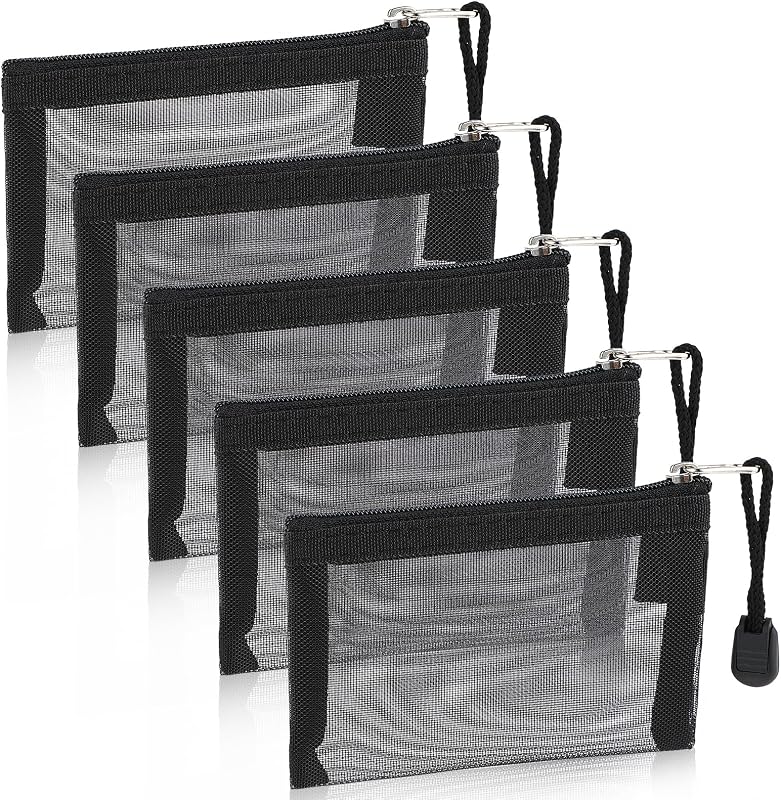 WLLHYF Pacote com 5 necessaires pequenas de malha com zíper em nylon, preta, 11,5 x 8 x 0,5 cm