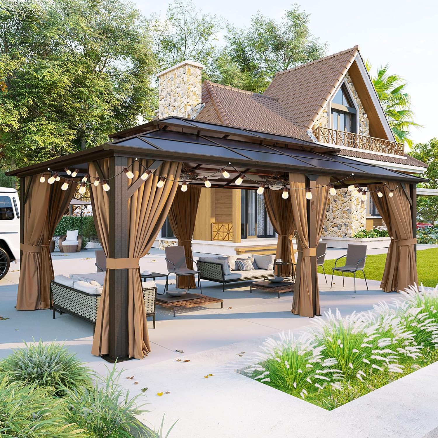 Aoxun 12'x20' Hardtop Gazebo, Aluminum Frame Permanent Pavilion with Curtains and Netting, Outdoor Polycarbonate Double Roof Canopy, and LED Outdoor Waterproof Hanging Lights
