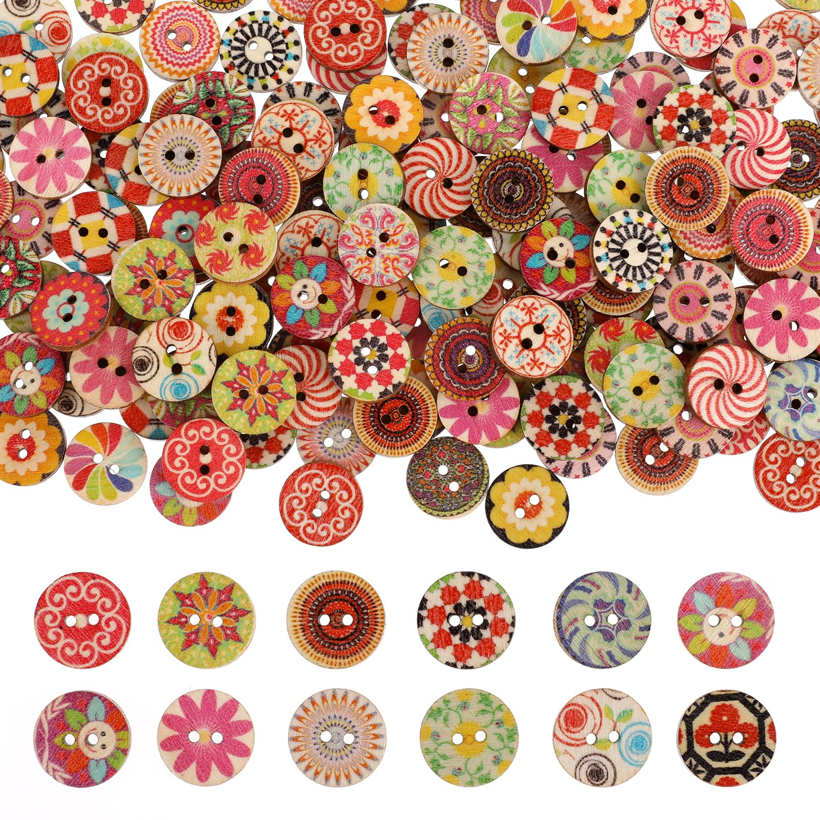 Vin Beauty 200 PCS Wood Buttons, Vintage Buttons with 2 Holes Natural Round Shapes Retro Buttons Mixed Pattern Wooden Buttons for DIY Sewing Craft Decorative Handmade Projects (0.78 inch/2 cm)