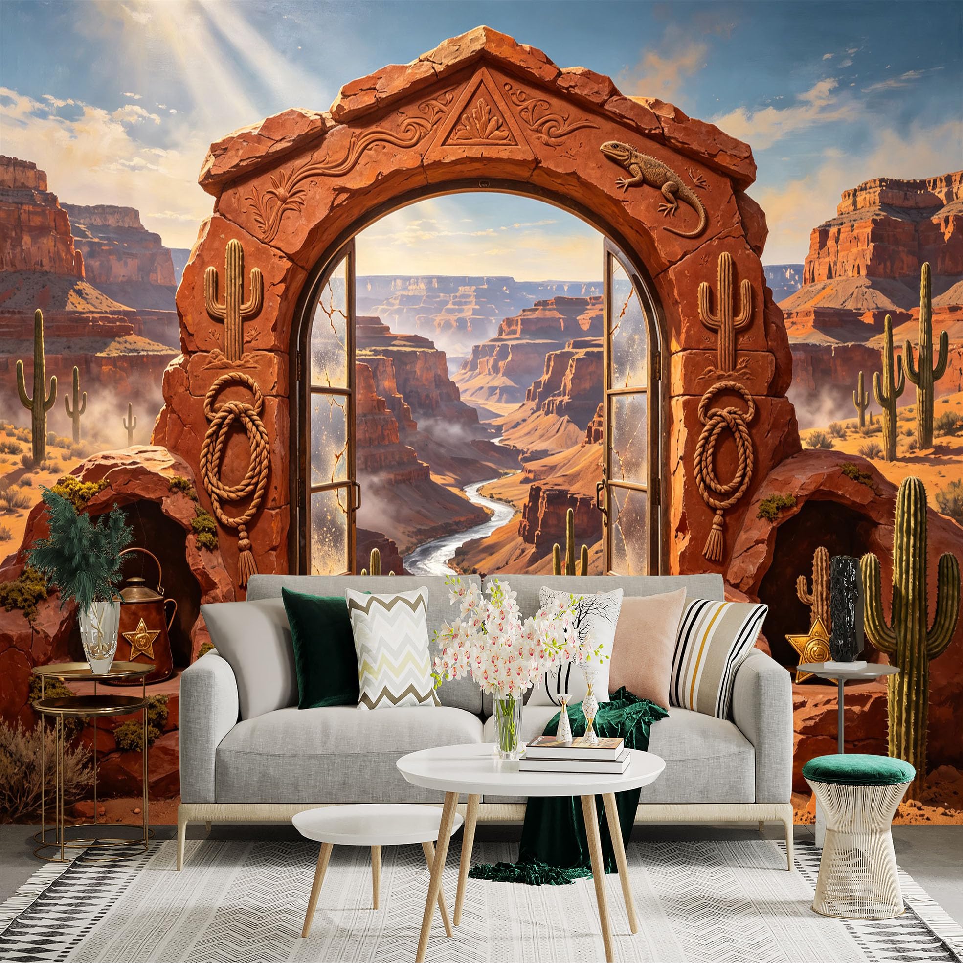 Custom Size Wall Sticker Mural， Desert Canyon Archway， Cactus Landscape and River View， for wall Decoration， peelandstick wall Decals.