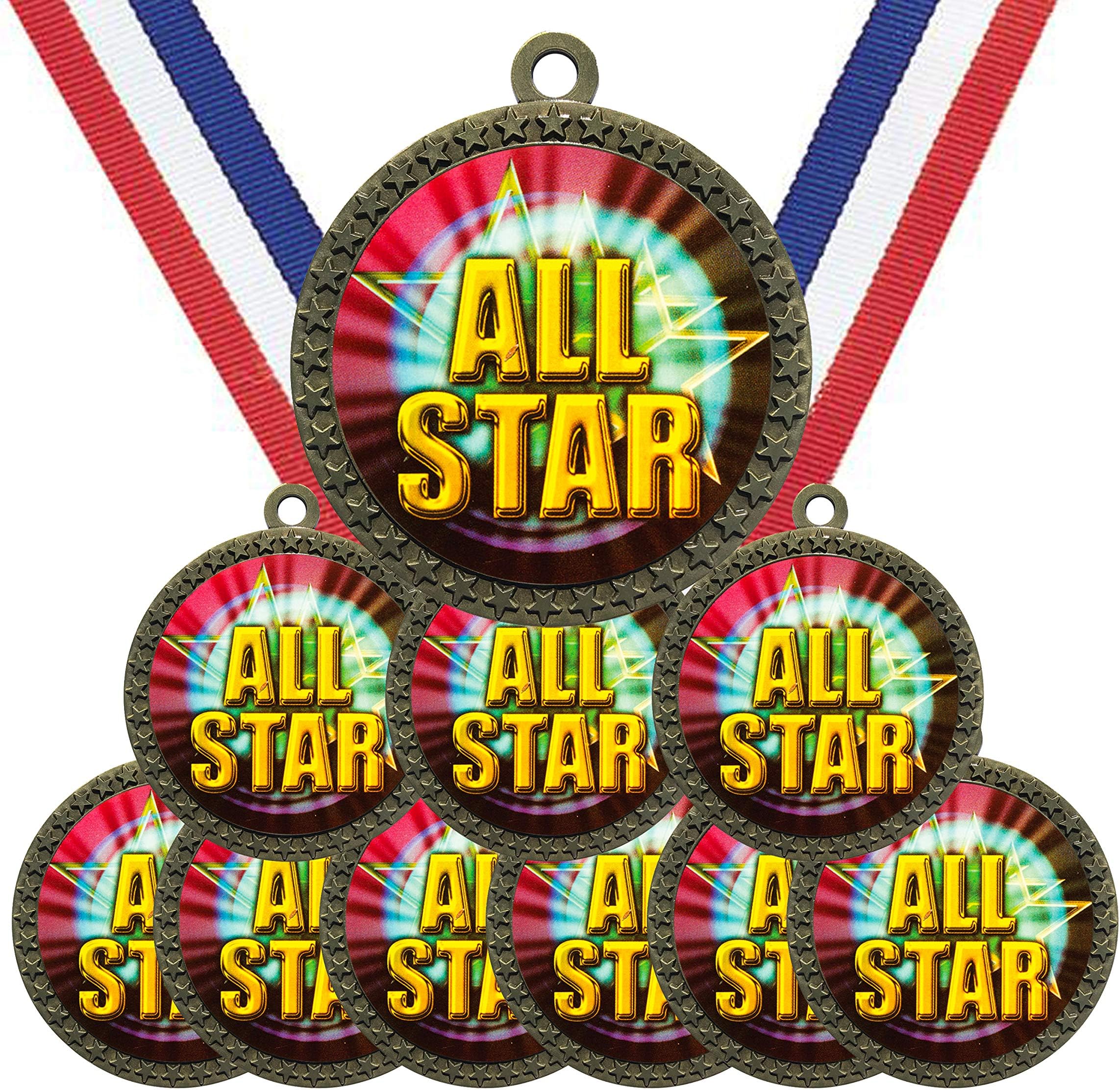 Express MedalsVarious 10 Pack Styles of All Star Award Medals with Neck Ribbons Trophy Award Prize Gift