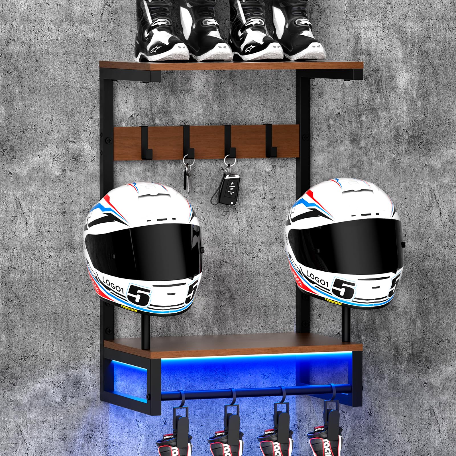 Helmet Wall Mount Holder with RGB Light Strip,2-Helmet Capacity | Adjustable RGB Lighting,Space-Saving Wall-Mounted, Suitable for Garage, Bedroom, Durable Steel Construction
