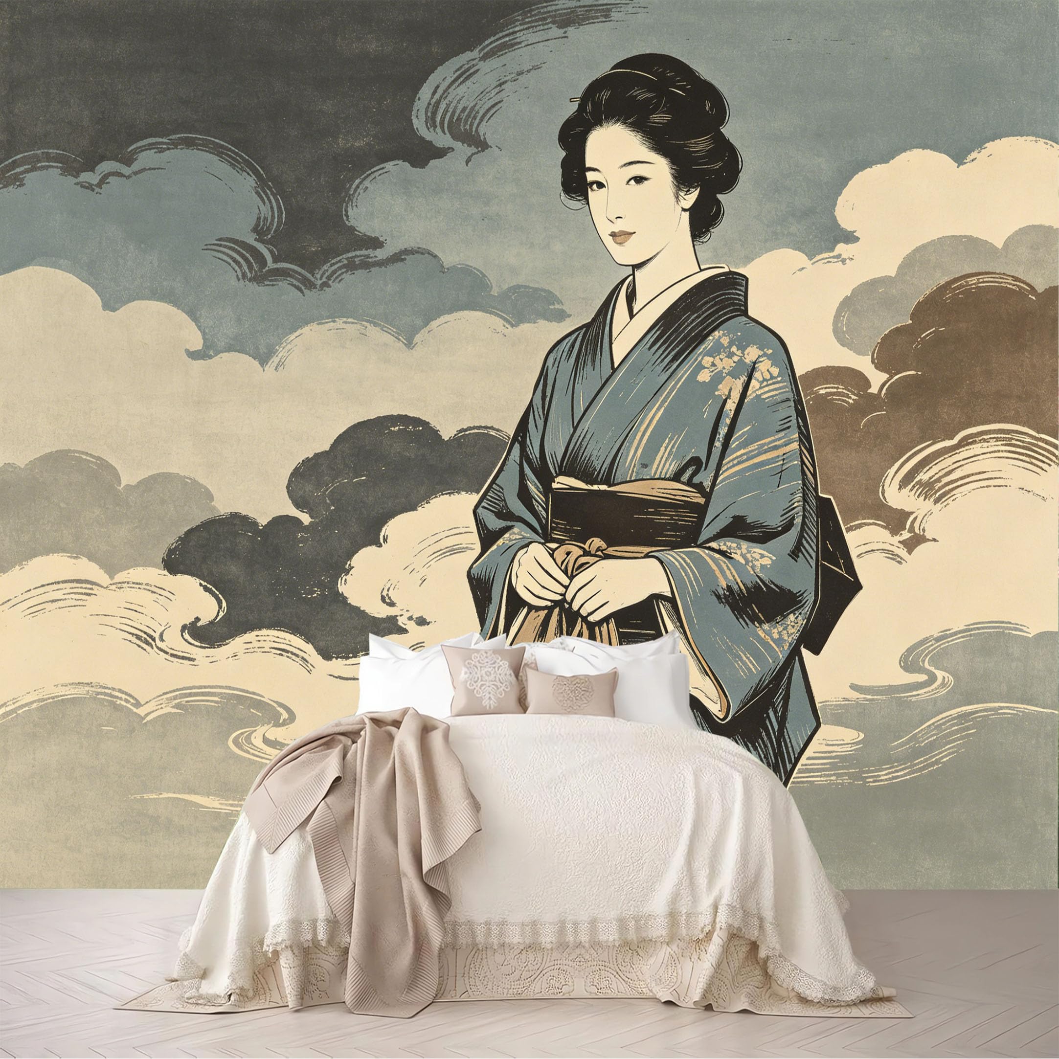 Dskjoviality Ab260706058 Custom Size Wall Mural Ukiyo-E Kimono Woman Swirl Cloud Portrait Removable Self Adhesive Peel And Stick Wallpaper For Bedroom Living Room Dining Room