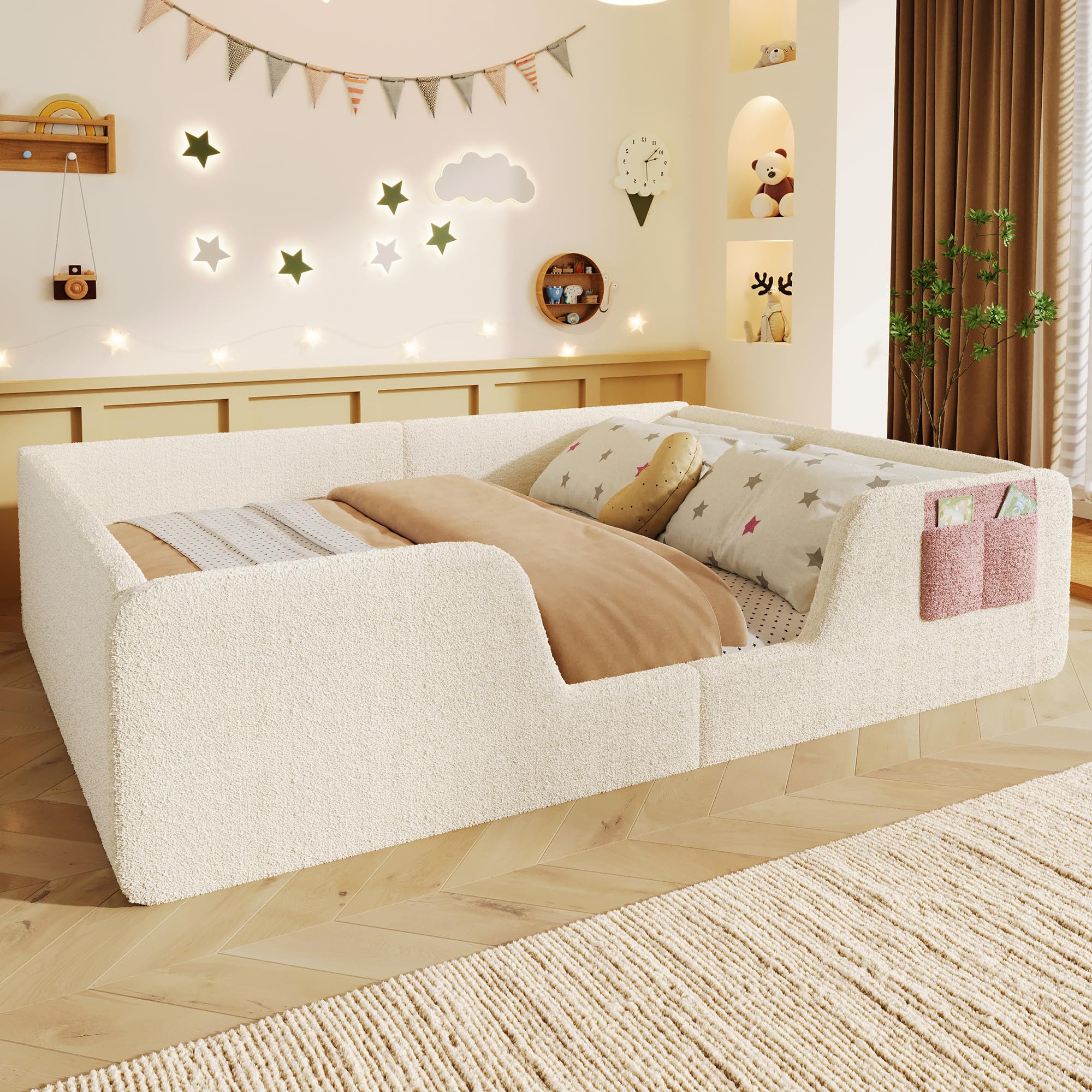 Montessori Letto a Terra per Bambini 140x190cm, Letto Piazza e Mezza per Bambini con Borsa Portaoggetti in Tessuto e Sponde di Sicurezza Removibili, Letto imbottito in Velluto(Senza Materasso) Beige