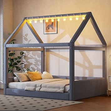 Full Size Upholstered House-Shaped Daybed with LED Light Strips, Wooden Kids Floor Bed with Roof for Boys Girls Teens, No Box Spring Needed Grey-J93
