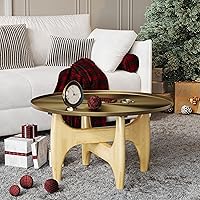 Vista 9 de ACEDÉCOR Mesa auxiliar redonda, mesas de centro de 30 pulgadas con bandeja de oro cepillado y base de madera de nogal maciza, mesa central para sala