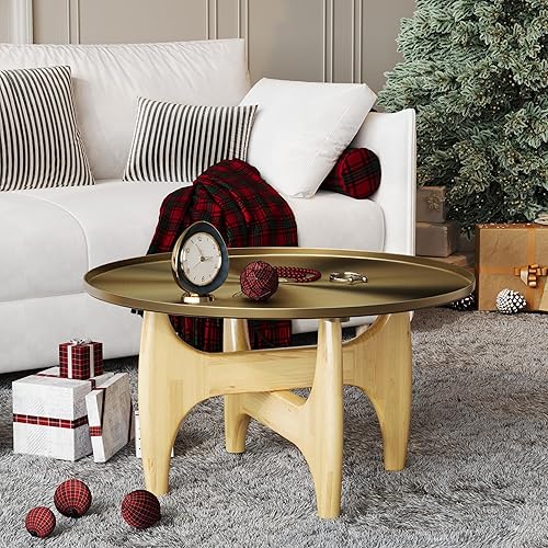 Miniatura 9 de ACEDÉCOR Mesa auxiliar redonda, mesas de centro de 30 pulgadas con bandeja de oro cepillado y base de madera de nogal maciza, mesa central para sala