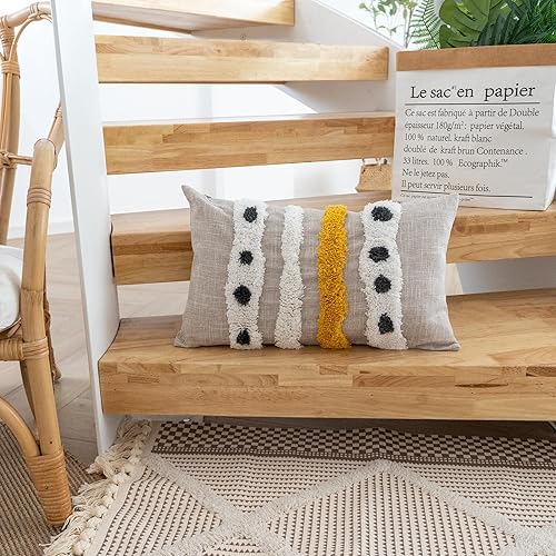 Miniatura 4 de Funda de cojín lumbar bohemia copetuda con rayas tejidas a mano, funda de cojín decorativa simple de lino y algodón para sofá (1 unidad (beige