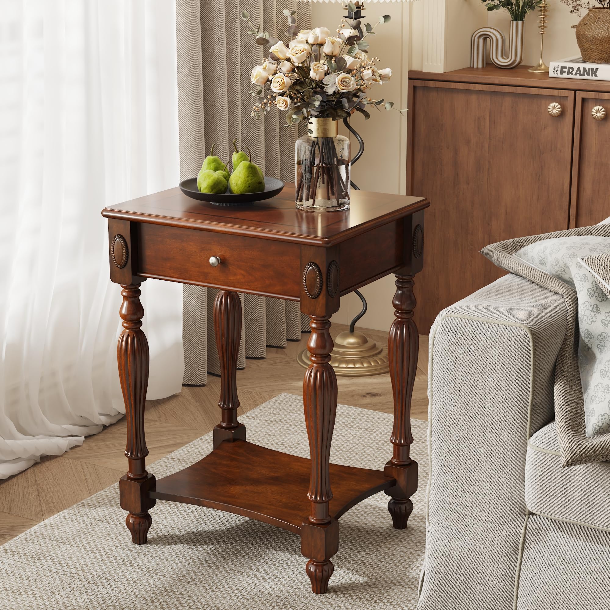 Solid Wood Side End Table with Drawer and Storage Shelf, American Retro Sofa End Table, Narrow Telephone Beside Table For Living Room,19.7"L x 15.7"W x 27.6"H, Easy Assembly, Cherry Walnut GBJ1533WD