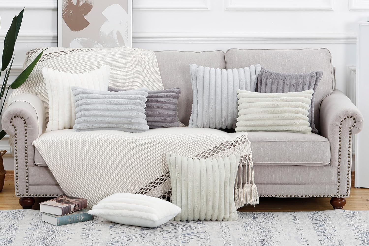 MADIZZ Set of 2 Faux Wool Plush Decorative Throw Pillow Covers 18x18 Inch Cream Fluffy Striped Soft Decorative Cushion Cover for Sofa Bedroom Pillow Shell - Image 6