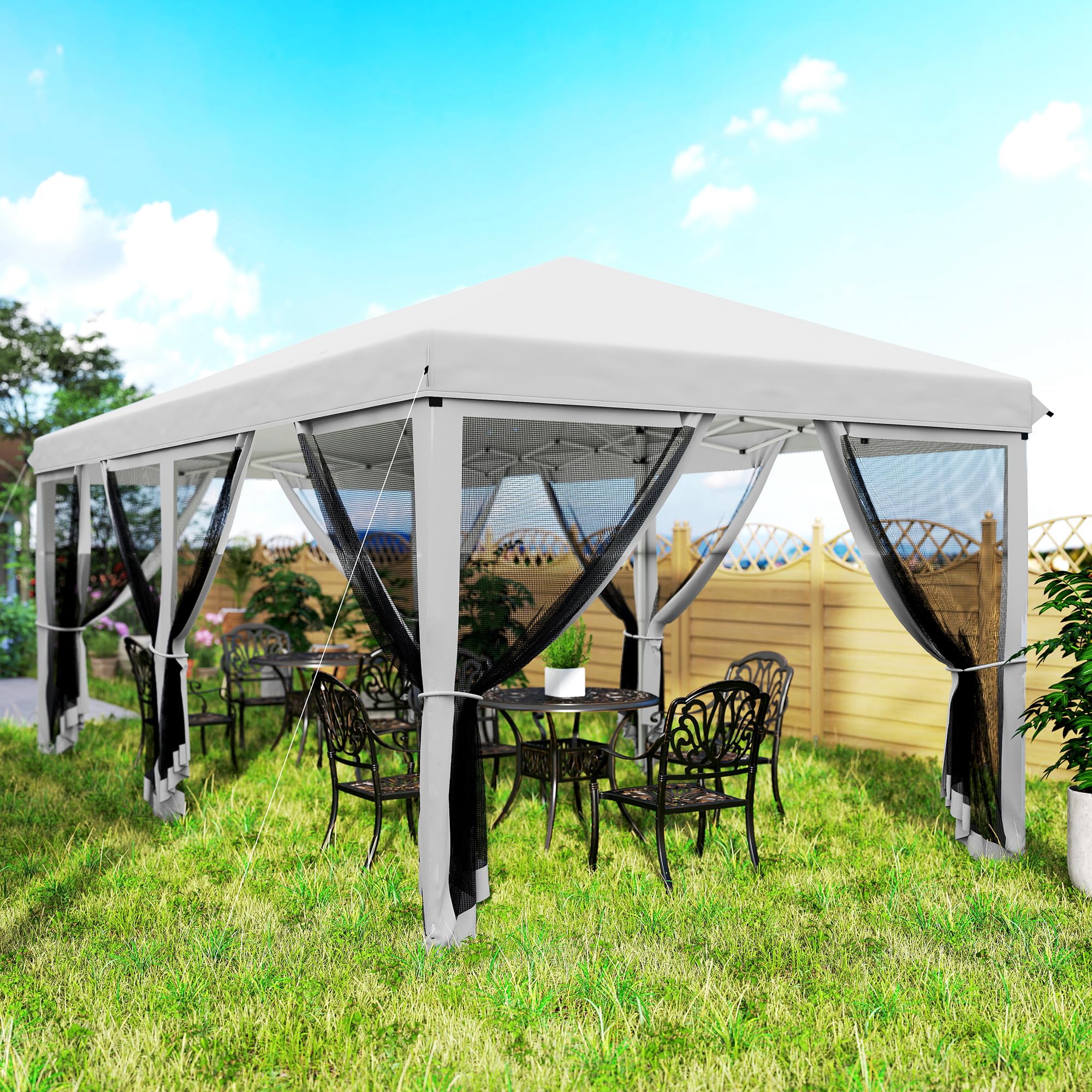 Outsunny Carpa Plegable Pop-Up Gazebo 6x3 m Cenador Plegable con 6 Paredes Laterales de Malla Anti-UV y Bolsa de Transporte para Camping Fiestas Crema